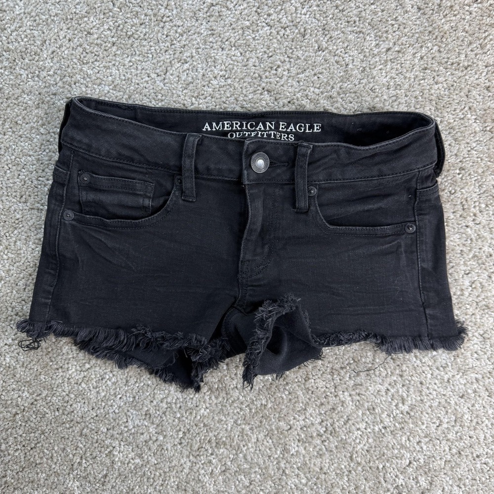 American Eagle Denim Shorts Womens 2 Black Super Low Shortie Cutoff Stretch